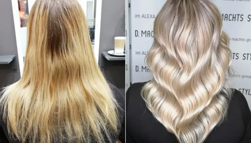 Vorher-Nachher-Vergleich: Blondes Haar mit Gelbstich wird zu strahlendem Blond.