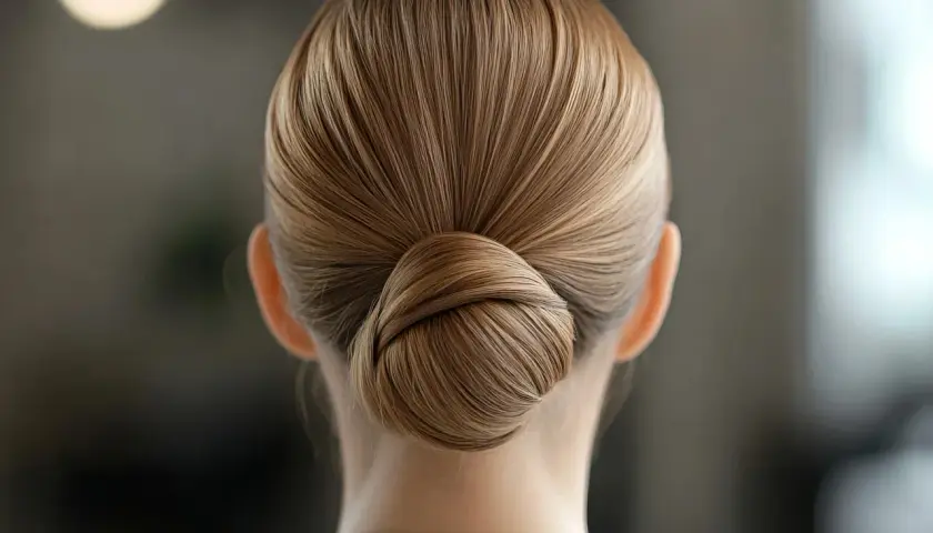 Eine Frau mit einer makellosen, sleek Frisur, die zu einem eleganten Knoten gebunden ist.