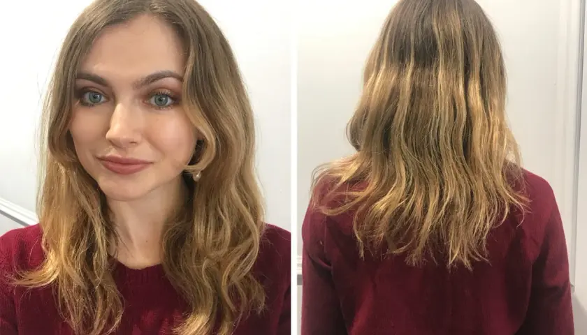 Vorher-Nachher-Vergleich eines Calligraphy Cut Haarschnitts. Die Frau hat schulterlanges, welliges blondes Haar.