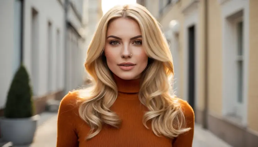 Eine Frau mit honigblonden Haaren und einem orangen Rollkragenpullover steht in einer Gasse.