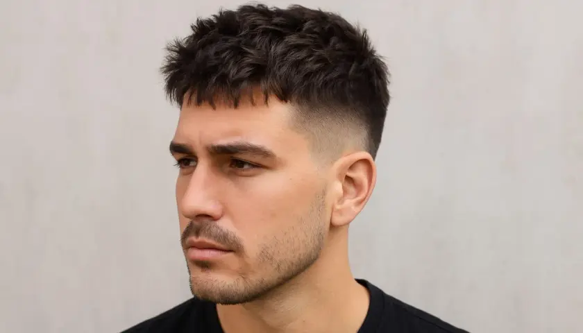 Mann mit französischem Crop und Low Fade Haarschnitt, dunkles, texturiertes Haar, dezenter Bart.