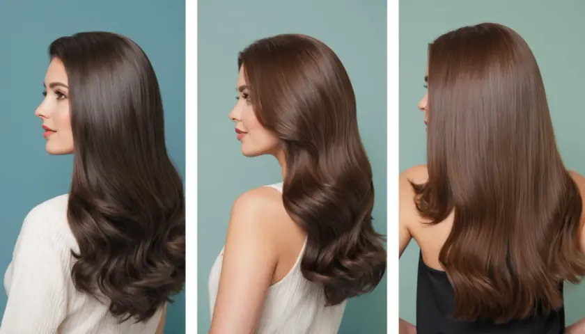Glänzendes braunes Haar, das nach der Anwendung von ammoniakfreier Haarfarbe gesund aussieht.