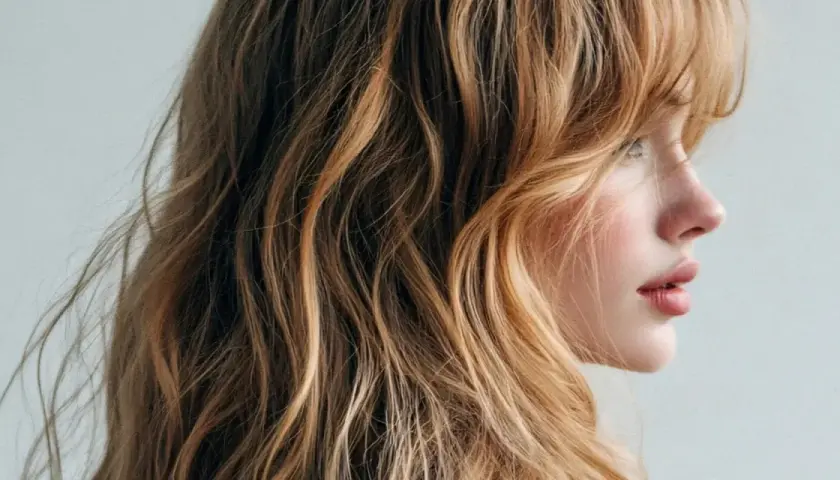 Profil einer Frau mit welligem, honigblondem Haar und zarten, wispy bangs, die ihr Gesicht umspielen.