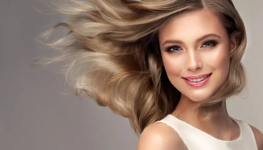 Ein Lächeln, das durch warmes blondes Haar umrahmt wird, das im Wind weht.