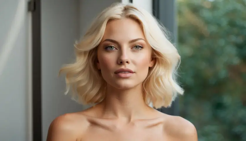 Blonde Frau mit welligem Haar, die sich fragt, wie oft Haare blondieren für diesen Look nötig ist.