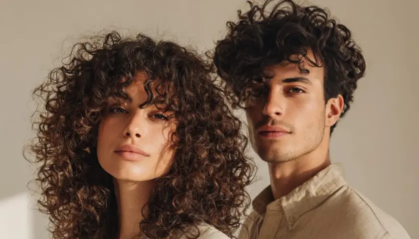 Ein Mann und eine Frau mit voluminösen Locken, die ihre Gesichter umrahmen. Ihre natürliche Locken-Routine zeigt sich in vollen, definierten Wellen.