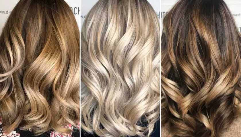 Drei Frisuren mit braun-blonden Haaren: von dunkelbraun mit hellen Strähnen über platinblond bis zu dunkelbraun mit honigblonden Akzenten.