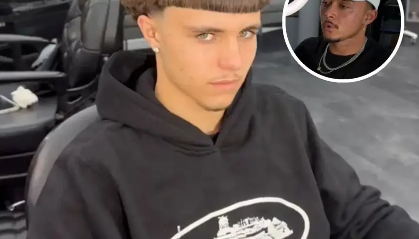 Junger Mann mit einem markanten Edgar Cut und einem lässigen Hoodie sitzt im Friseursalon. Im Kreis ist ein Mann mit Kappe zu sehen.