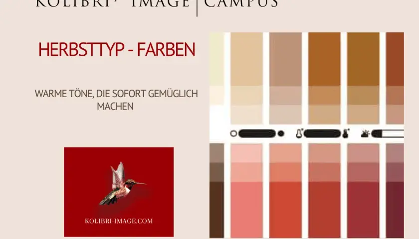 Farbpalette für den Herbsttyp mit warmen Tönen, die Gemütlichkeit ausstrahlen. Ideal für eine herbstliche Haarfarbe.