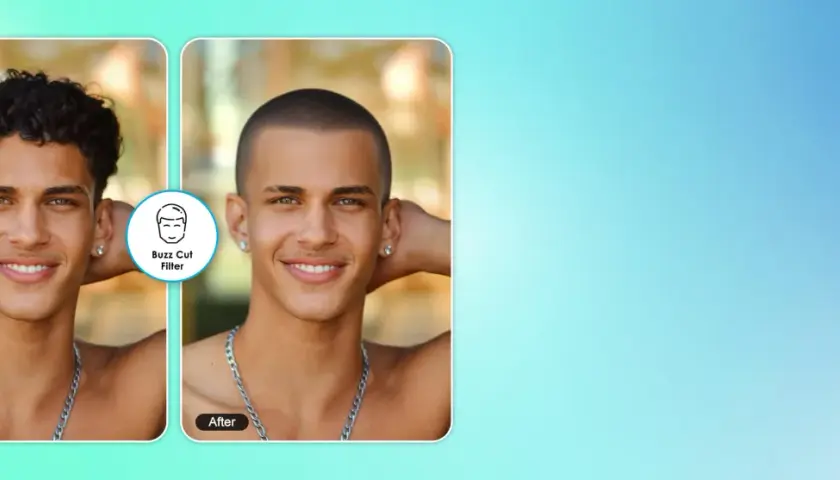 Vorher/Nachher-Vergleich: Ein Mann mit lockigem Haar und derselbe Mann mit einem Buzz Cut. Der Buzz Cut Filter steht mir.