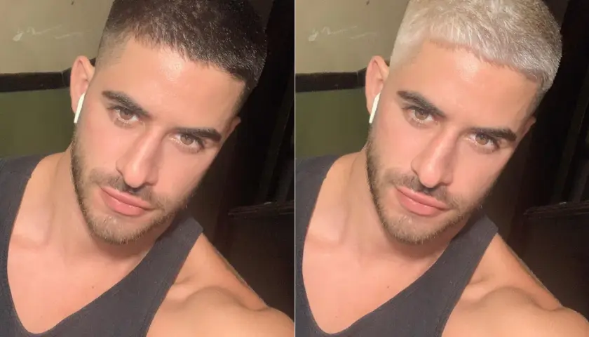Mann mit Buzz Cut, einmal mit dunklem Haar, dann mit buzz cut blond.