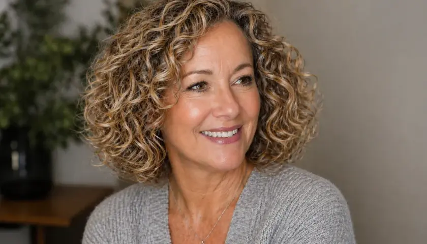 Lächelnde Frau mit mittellangen, lockigen Haaren, eine Inspiration für Frisuren mittellang locken ab 50.