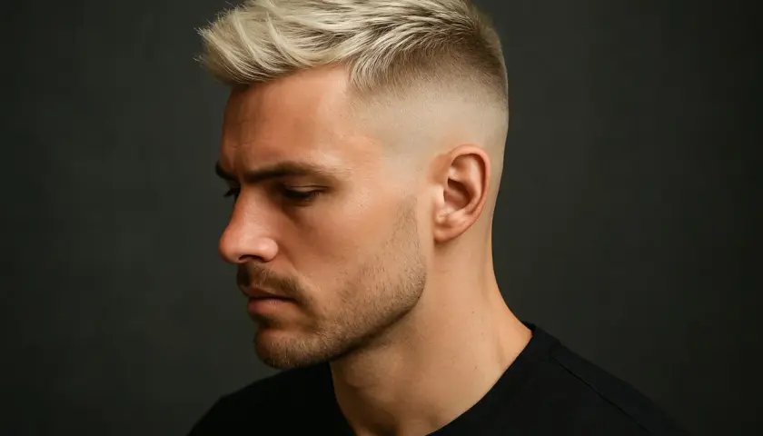 Mann mit einem modernen Mid Fade Blond Haarschnitt, der nachdenklich zur Seite blickt.