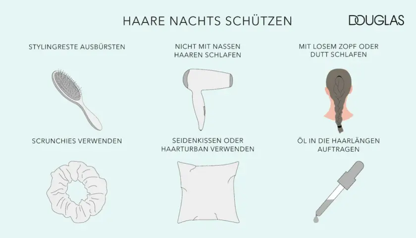 Tipps für Haarpflege: Stylingreste ausbürsten, nicht mit nassen Haaren schlafen, mit losem Zopf oder Dutt schlafen. So schützt du dein Haar, auch wenn du mit offenen Haaren schlafen möchtest.
