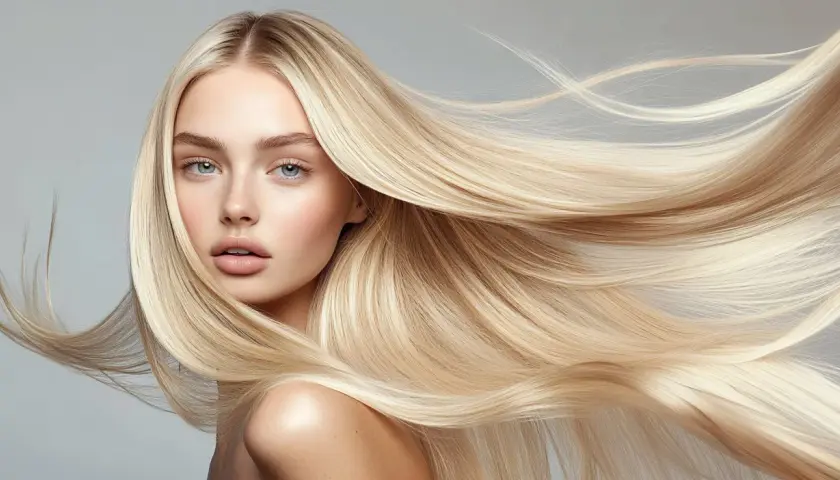 Ein Porträt einer Frau mit langen, hellblonden Haaren, die sich im Wind bewegen. Ihre blauen Augen und vollen Lippen sind zu sehen.