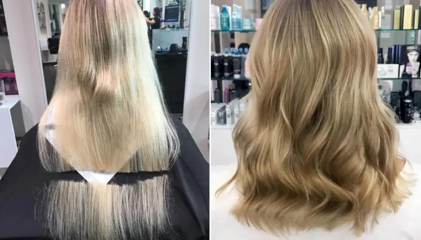 Vorher/Nachher-Vergleich: Lange, feine Haare werden zu einer voluminösen, welligen Mähne.