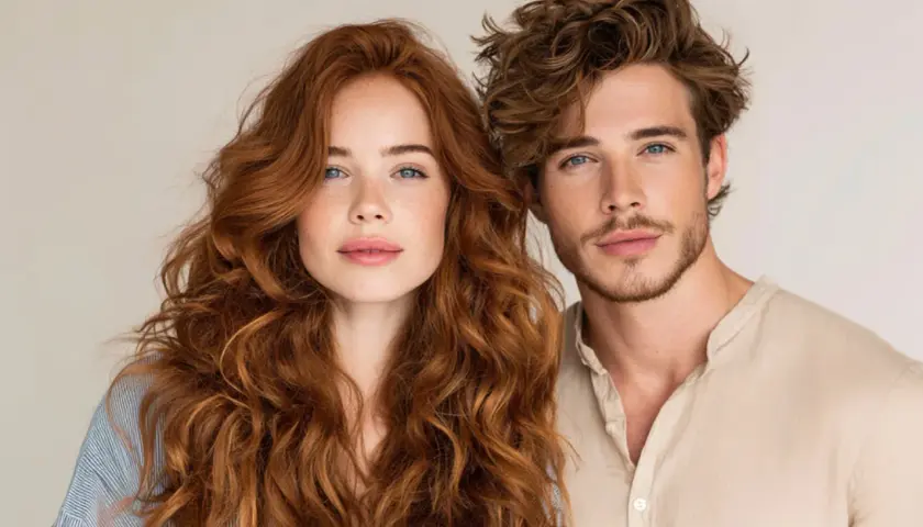 Ein Mann und eine Frau mit vollen, roten locken 2b und blauen Augen stehen nebeneinander.