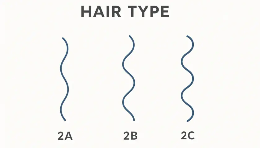Drei Wellenlinien zeigen verschiedene Haartypen: 2A, 2B und 2C. Der Typ 2C hat die engsten Wellen.