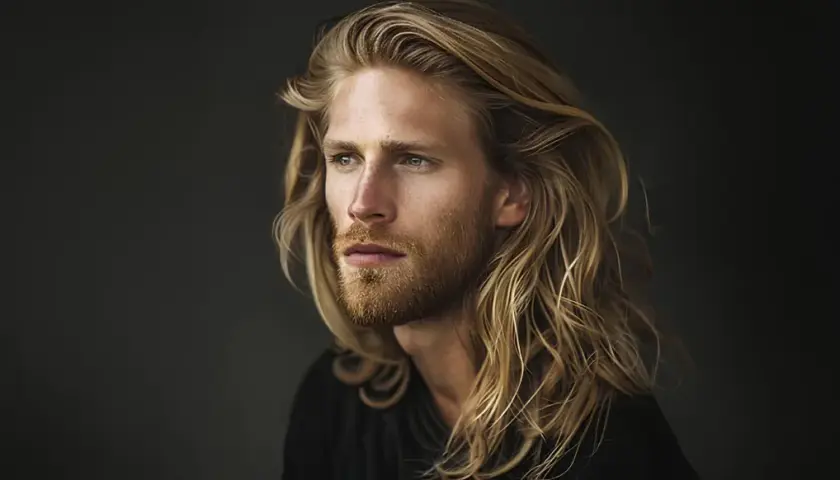Mann mit mittellang pflegeleicht herren frisuren, blondes Haar, Bart, blickt nach rechts.