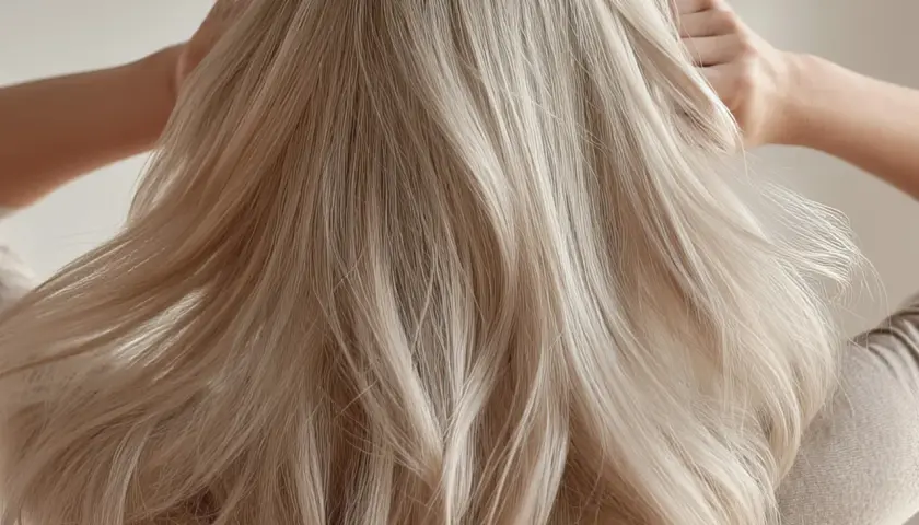 Blonde, dicke Haare fallen in Wellen über die Schultern. Eine Hand fährt durch das seidige Haar.