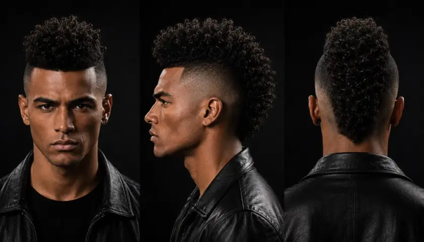 Mann mit kurzer Mohawk-Frisur, lockigem Oberkopf und an den Seiten kurz geschorenen Haaren, im Lederjacken-Look.