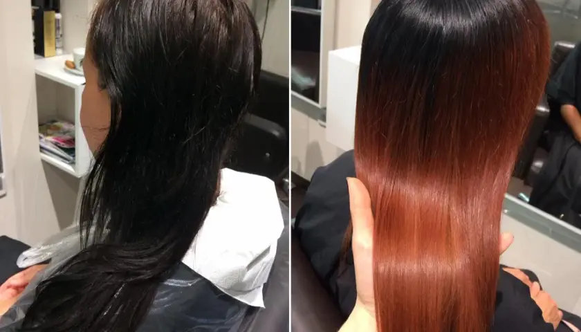 Vorher/Nachher: Dunkles Haar wird zu einem warmen Kupferton mit sanftem Übergang, der an Ombré vs. Balayage erinnert.