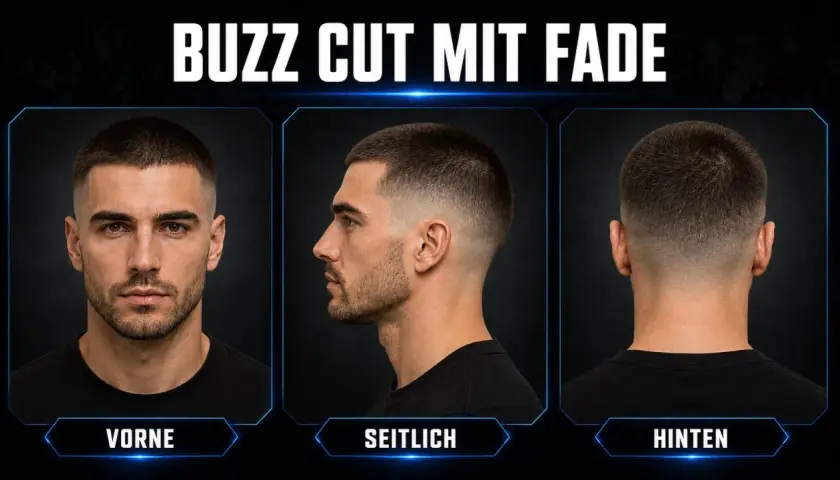 Mann mit Buzz Cut Taper Fade. Von vorne, seitlich und von hinten gezeigt.