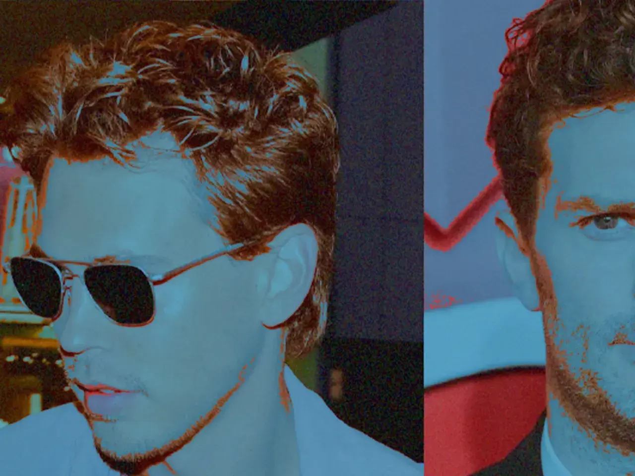 Zwei Männer mit stylischem fasson haarschnitt, einer trägt Sonnenbrille, der andere blickt ernst.
