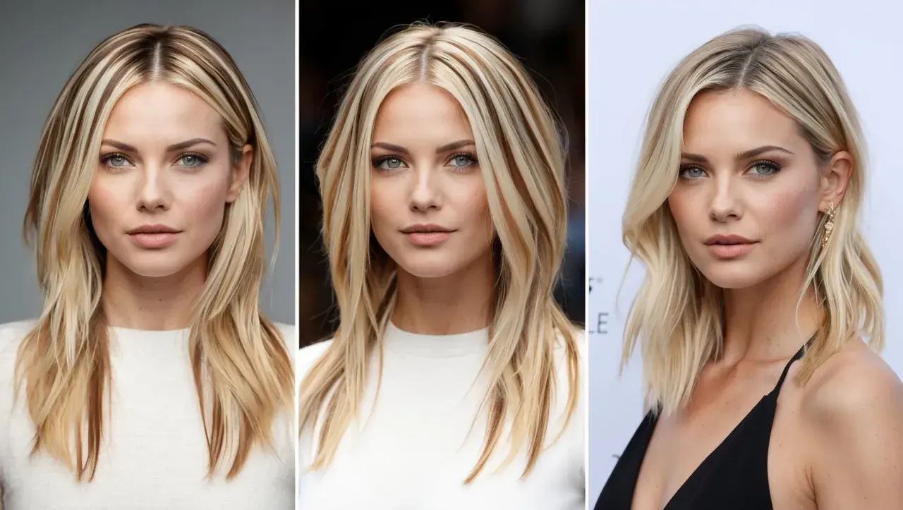 Drei Porträts einer Frau mit schulterlangen, mittelblonden Haaren und blonden Strähnen. Sie trägt dezentes Make-up und blickt in die Kamera.