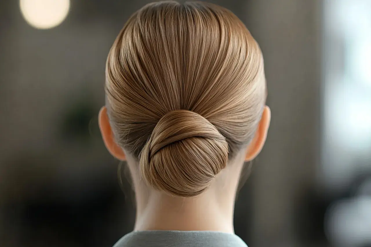 Eine Frau mit einer makellosen, sleek Frisur, die zu einem eleganten Knoten gebunden ist.