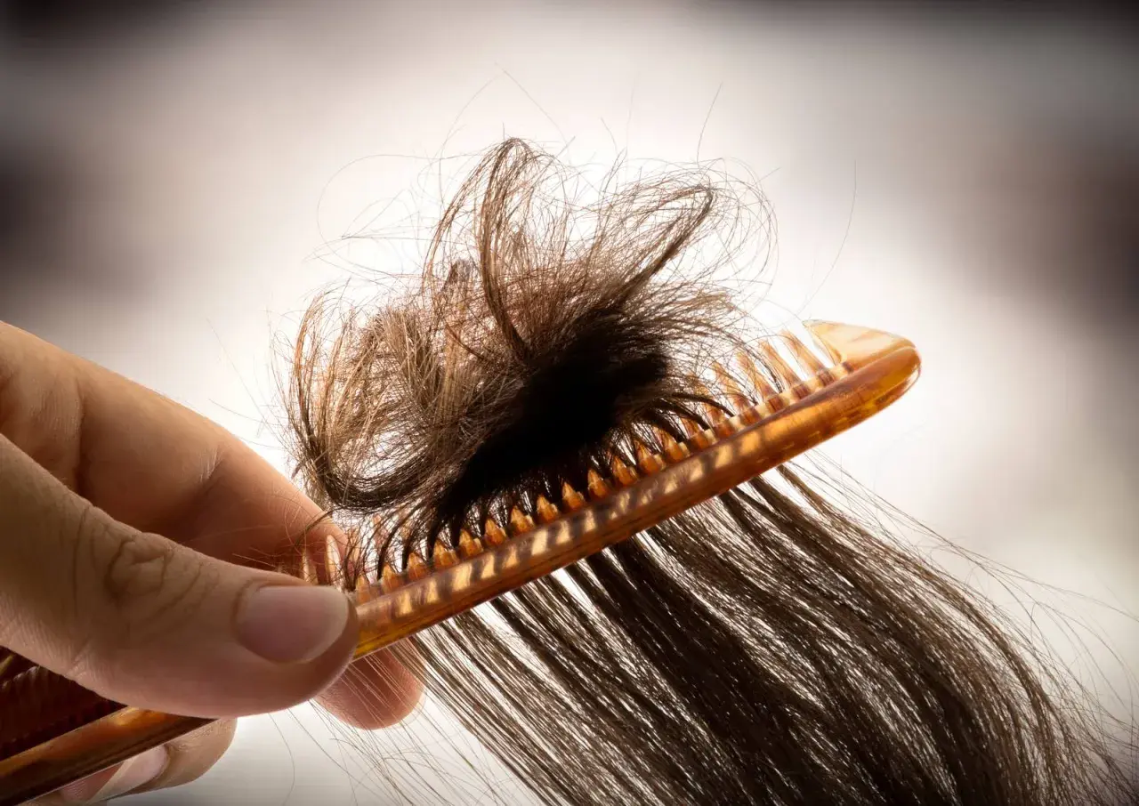 Eine Hand hält einen Kamm, der versucht, verfilzte Haare zu entwirren.