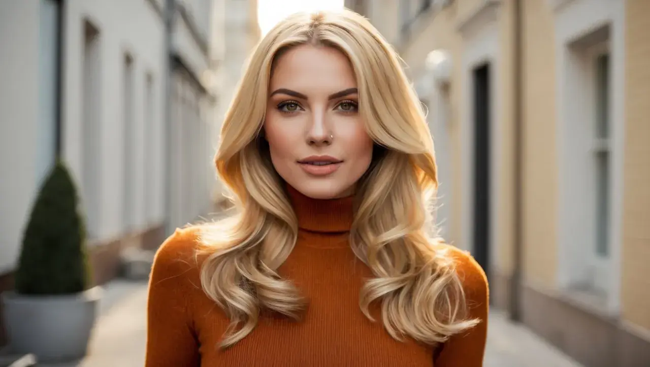 Eine Frau mit honigblonden Haaren und einem orangen Rollkragenpullover steht in einer Gasse.