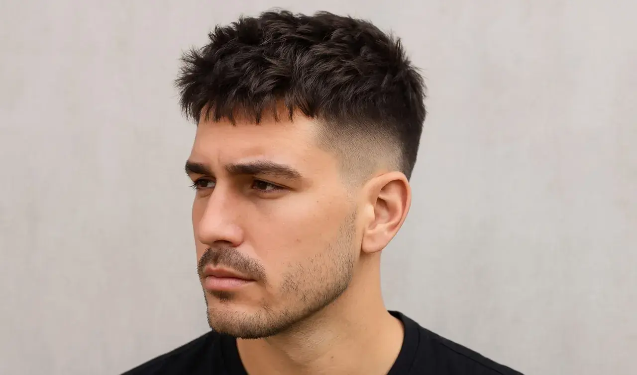 Mann mit französischem Crop und Low Fade Haarschnitt, dunkles, texturiertes Haar, dezenter Bart.