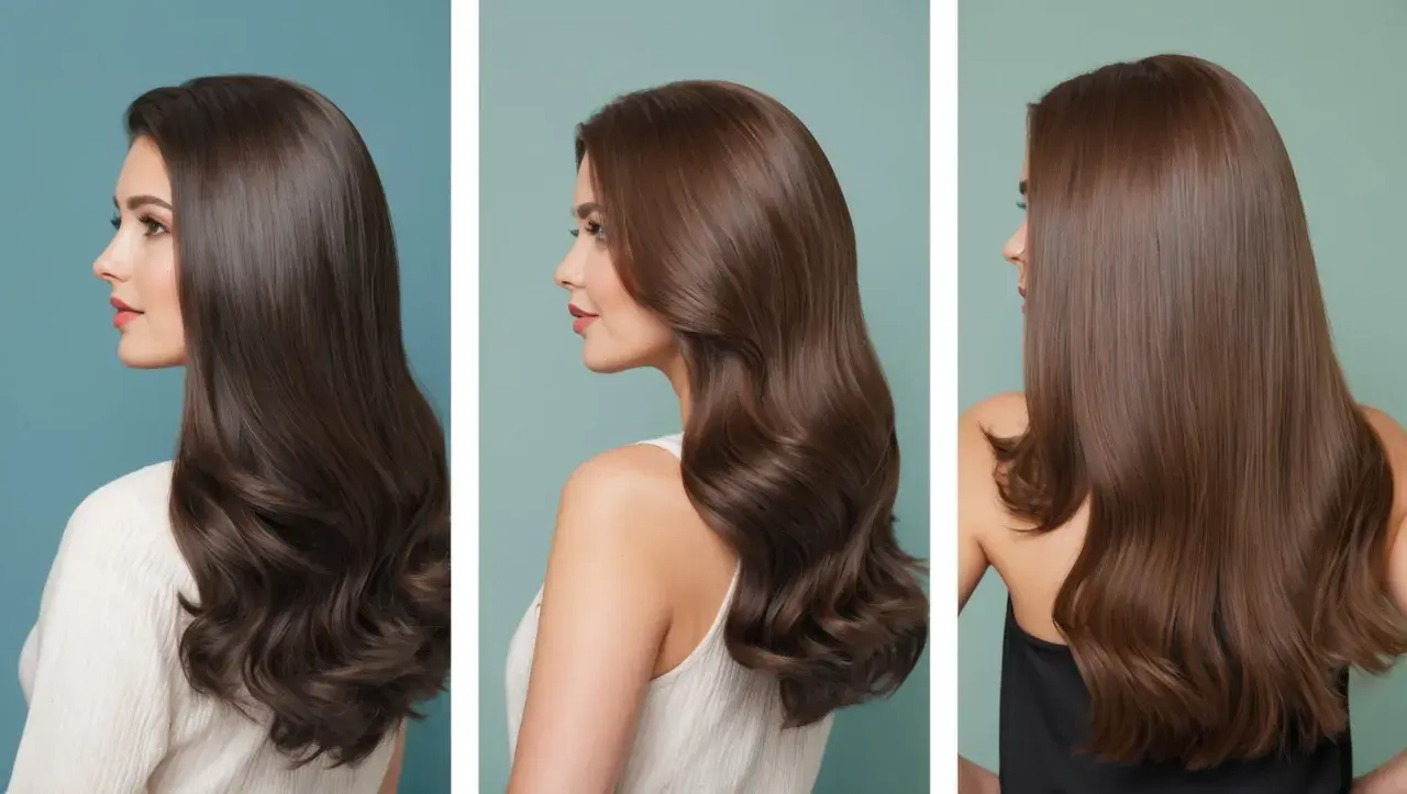 Glänzendes braunes Haar, das nach der Anwendung von ammoniakfreier Haarfarbe gesund aussieht.