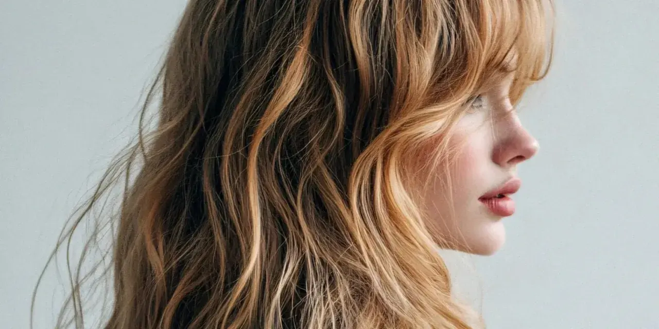 Profil einer Frau mit welligem, honigblondem Haar und zarten, wispy bangs, die ihr Gesicht umspielen.