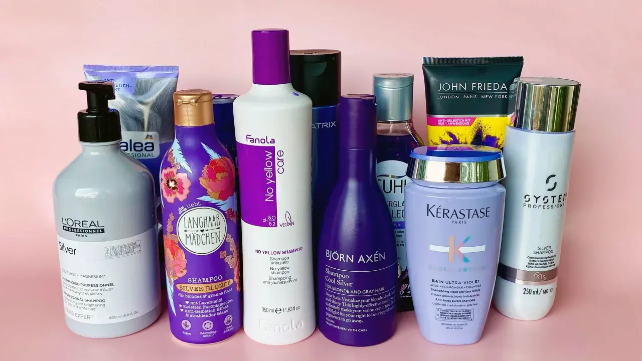 Silbershampoo-Sammlung für blondes & graues Haar. Zeigt Produkte von L'Oréal, Fanola, Kérastase & mehr. Ideal für den Anti-Gelbstich-Effekt.