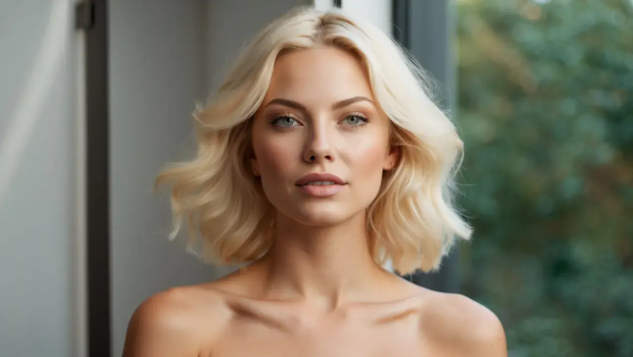 Blonde Frau mit welligem Haar, die sich fragt, wie oft Haare blondieren für diesen Look nötig ist.