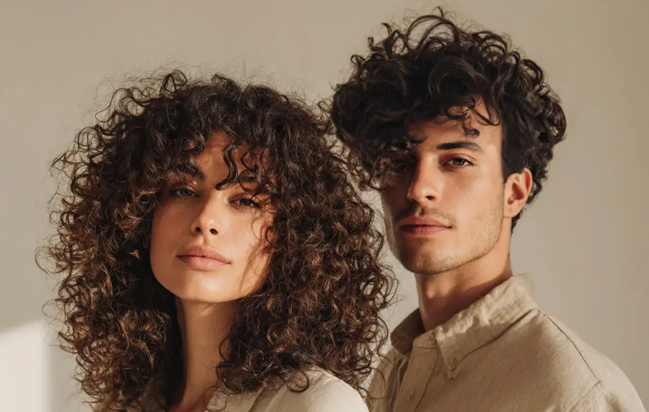 Ein Mann und eine Frau mit voluminösen Locken, die ihre Gesichter umrahmen. Ihre natürliche Locken-Routine zeigt sich in vollen, definierten Wellen.