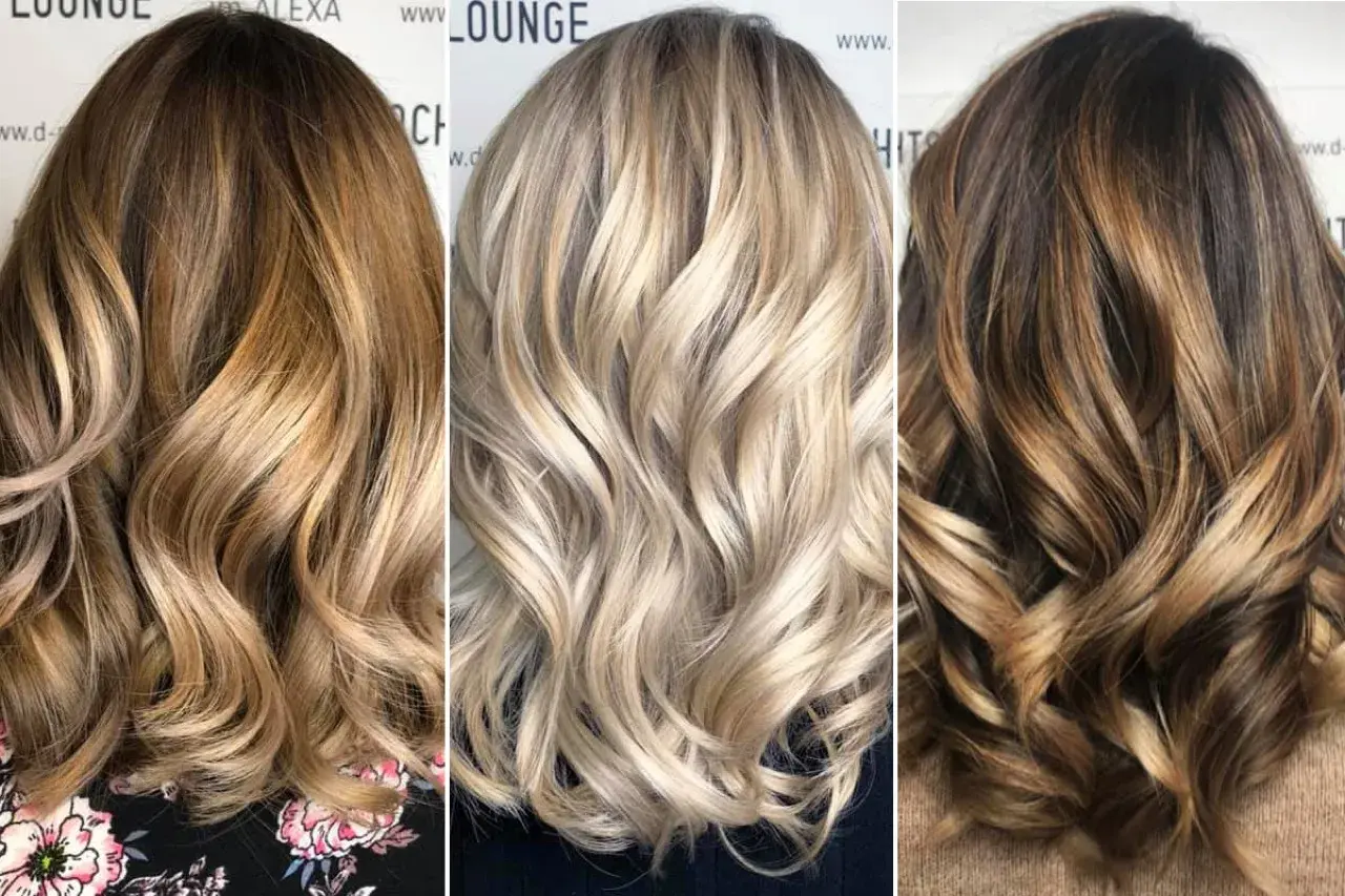 Drei Frisuren mit braun-blonden Haaren: von dunkelbraun mit hellen Strähnen über platinblond bis zu dunkelbraun mit honigblonden Akzenten.