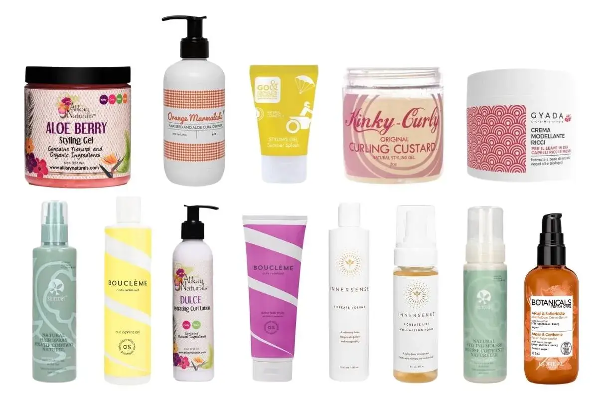 Produkte für natürliche Lockenfrisuren: Styling-Gele, Cremes und Lotionen für definierte, voluminöse Locken.