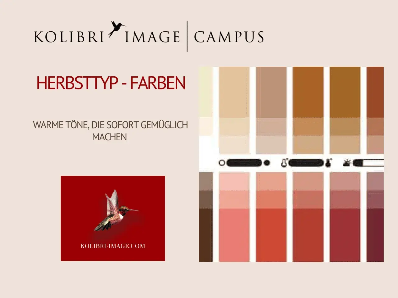 Farbpalette für den Herbsttyp mit warmen Tönen, die Gemütlichkeit ausstrahlen. Ideal für eine herbstliche Haarfarbe.