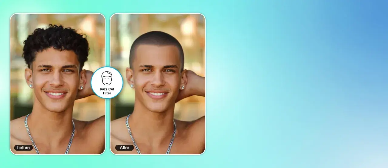 Vorher/Nachher-Vergleich: Ein Mann mit lockigem Haar und derselbe Mann mit einem Buzz Cut. Der Buzz Cut Filter steht mir.