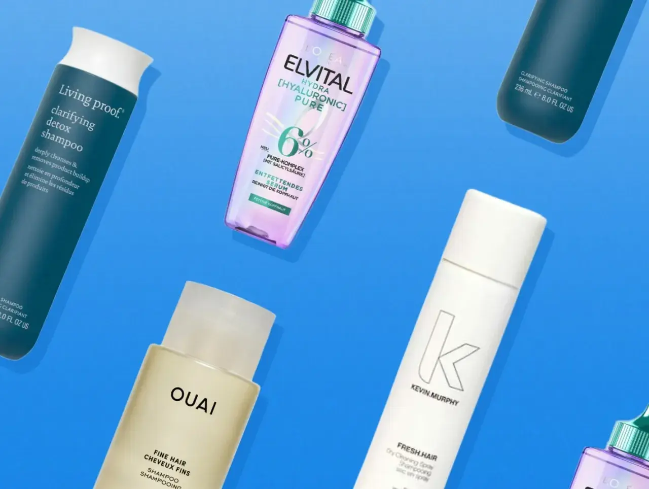 Verschiedene Shampoos und Sprays, die bei fettiger Kopfhaut helfen, wie das Elvital Hydra Pure Serum.
