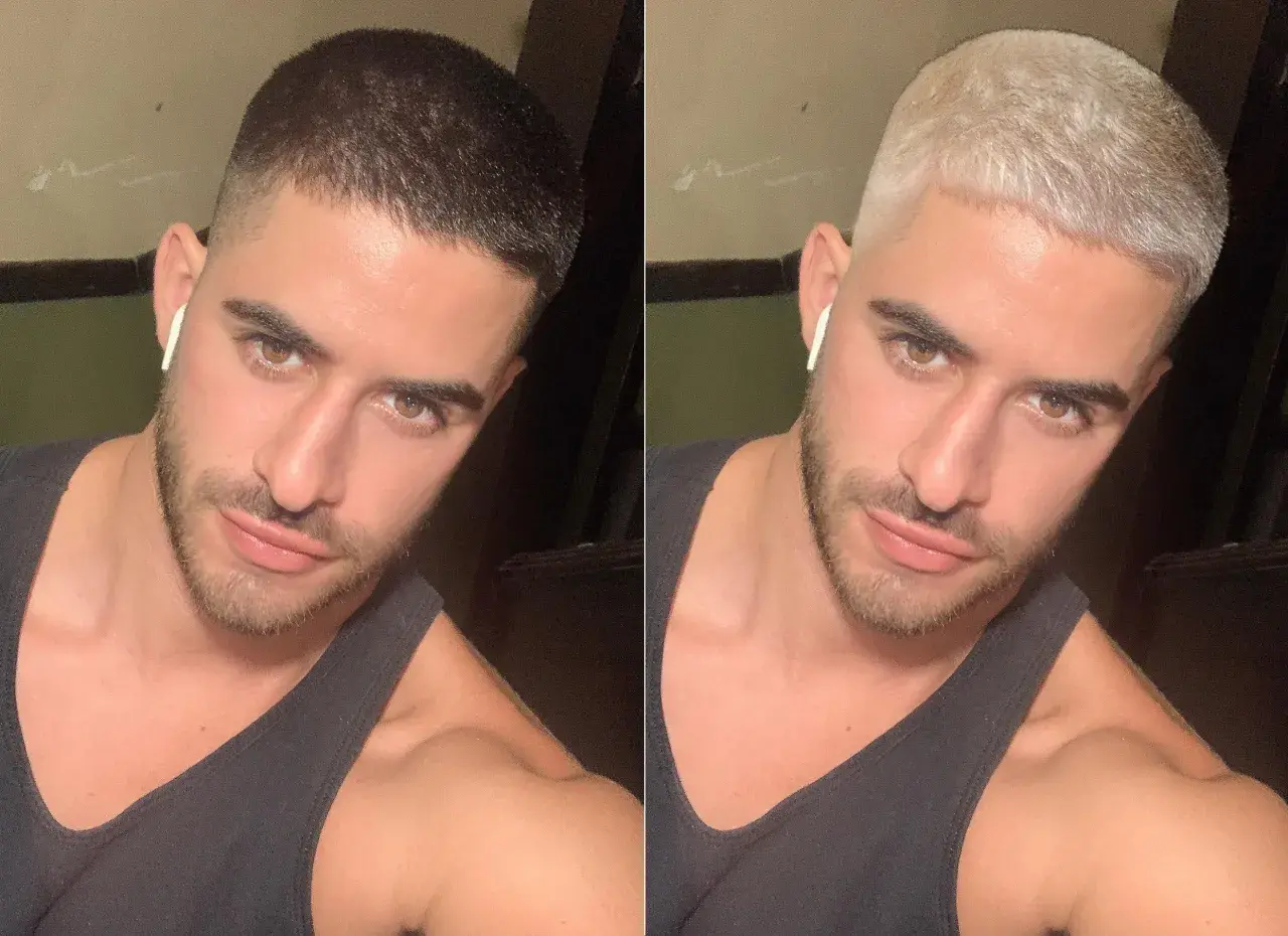 Mann mit Buzz Cut, einmal mit dunklem Haar, dann mit buzz cut blond.