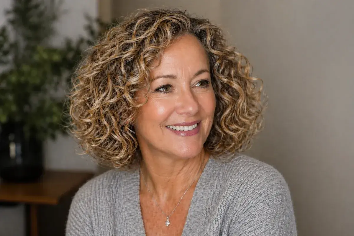 Lächelnde Frau mit mittellangen, lockigen Haaren, eine Inspiration für Frisuren mittellang locken ab 50.