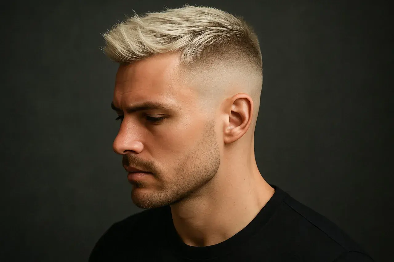 Mann mit einem modernen Mid Fade Blond Haarschnitt, der nachdenklich zur Seite blickt.