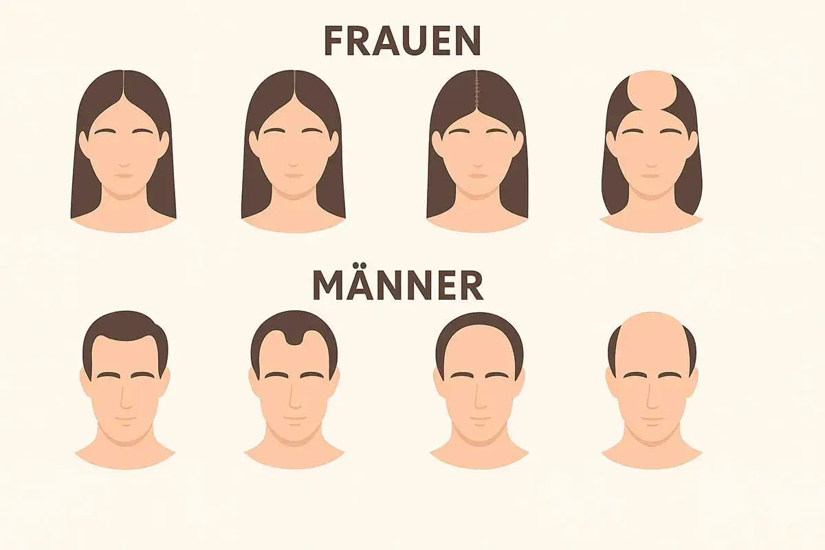 Illustration zeigt verschiedene Stadien von Haarausfall bei Frauen und Männern. Von vollem Haar bis zu kahlen Stellen.
