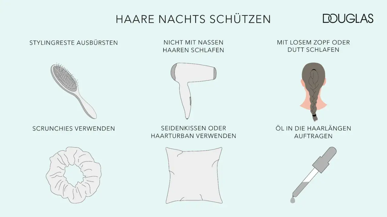Tipps für Haarpflege: Stylingreste ausbürsten, nicht mit nassen Haaren schlafen, mit losem Zopf oder Dutt schlafen. So schützt du dein Haar, auch wenn du mit offenen Haaren schlafen möchtest.
