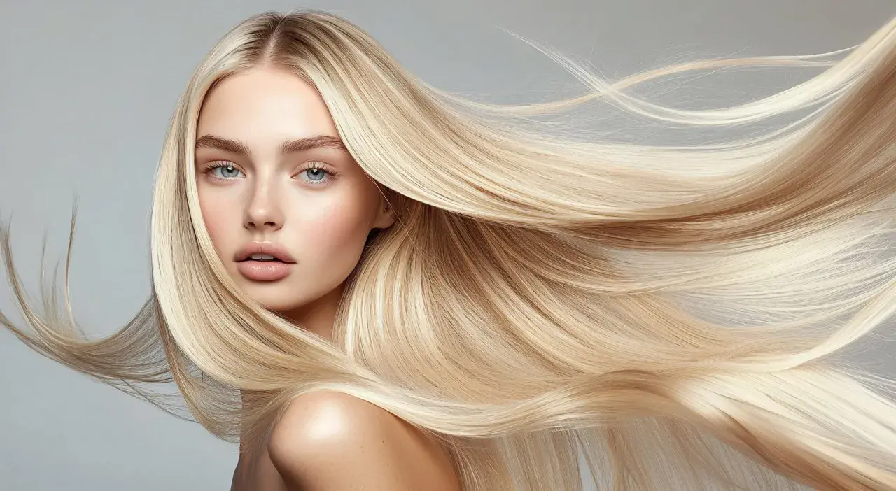 Ein Porträt einer Frau mit langen, hellblonden Haaren, die sich im Wind bewegen. Ihre blauen Augen und vollen Lippen sind zu sehen.
