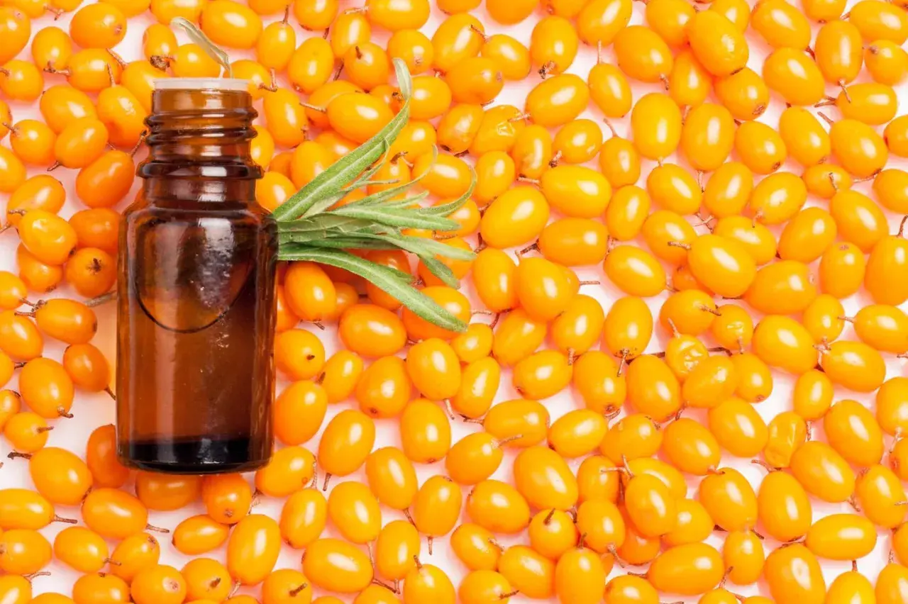 Braunes Fläschchen mit Sanddornöl, umgeben von leuchtend orangen Sanddornbeeren. Die Sanddorn Wirkung für Haare ist bekannt.